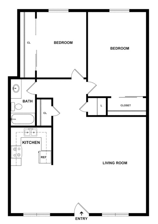 Floor plan for 2 beds, 1 bath, 763 sqft